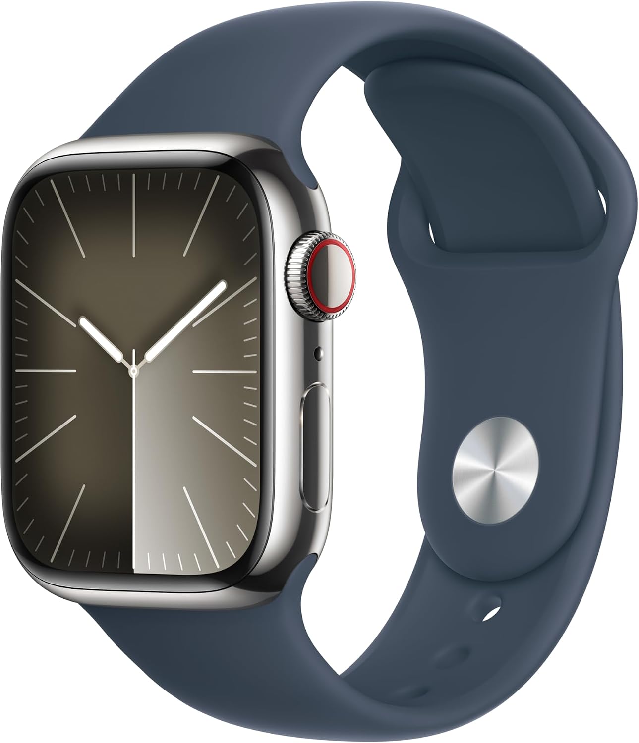 Apple Watch Series 9 (GPS + Cell) 41mm Silver Stainless Steel Case w/ Storm Blue Sport Band M/L