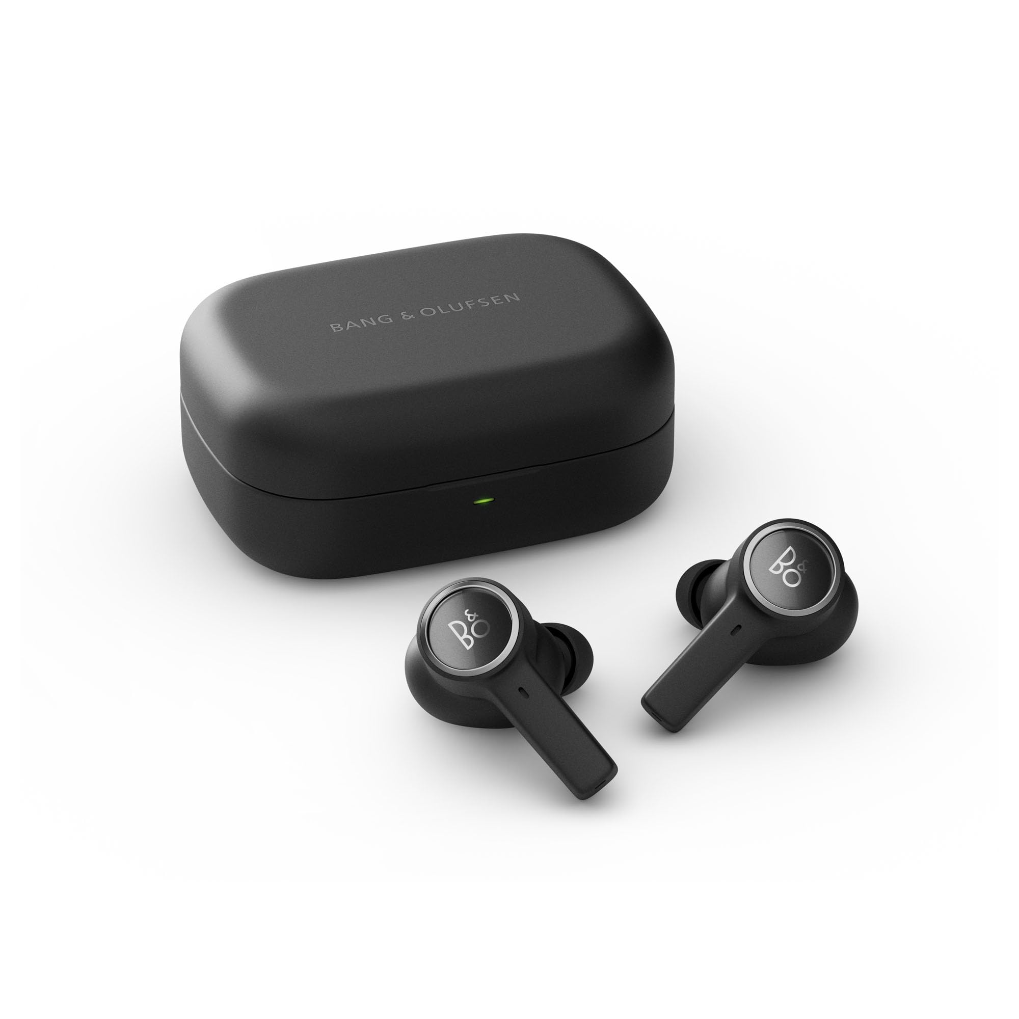 Black wireless earbuds with charging case on a white background, featuring Bang & Olufsen logo.